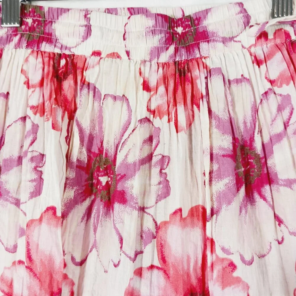 Lalla Nissa, Tiered Maxi Floral Skirt, Medium, Floral Print Stretch Waist w/ Tie